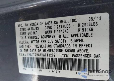 2013 Honda Accord Ex-L V-6 из США, поврежденный, VIN 1HGCT2B81DA010282